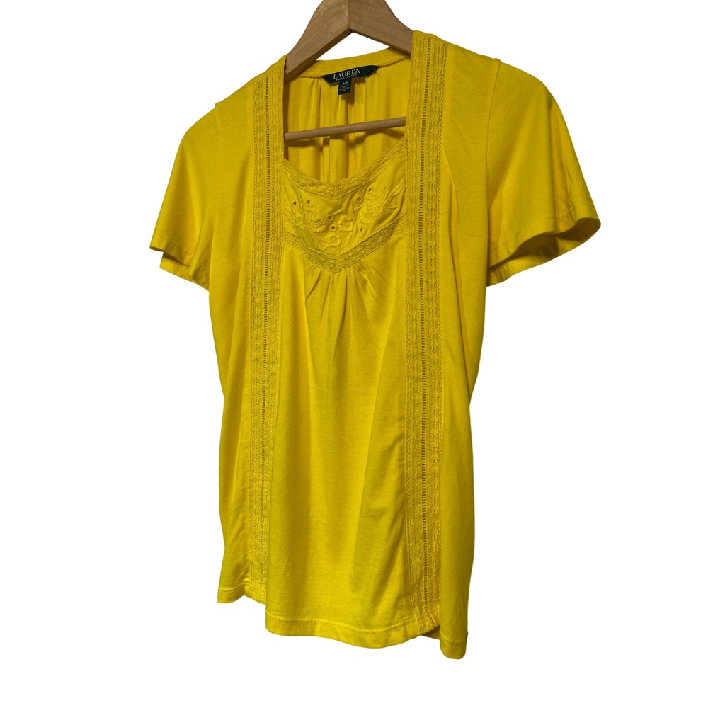 Lauren Ralph Lauren Yellow Embroidered Lace Trim Square Neck Short Sleeve Top S
